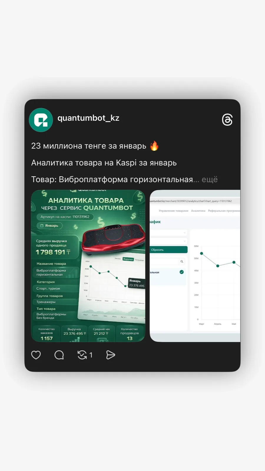 Скриншот отчёта QuantumBot по аналитике товара на Kaspi с выручкой и заказами за январь Скриншот отчёта QuantumBot по аналитике товара на Kaspi с выручкой и заказами за январь